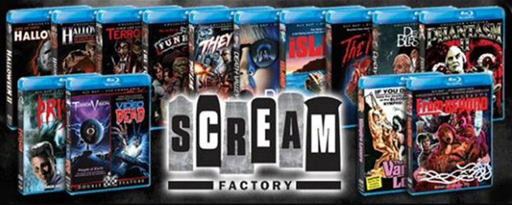 Scream Factory logo surrounded by horror Blu-ray releases.