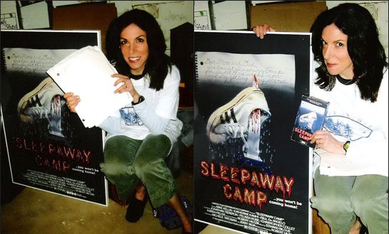 Karen (who looks like she has hardly aged) with some of her SLEEPAWAY CAMP memorabilia that had been stored away in her basement for many years. She dug it out to take some pictures for us.