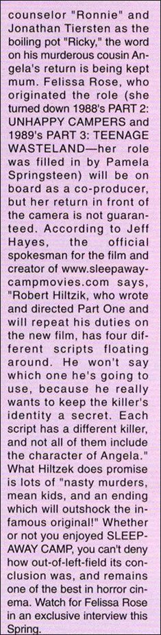 Femme Fatales magazine clipping mentioning Felissa Rose and Return to Sleepaway Camp