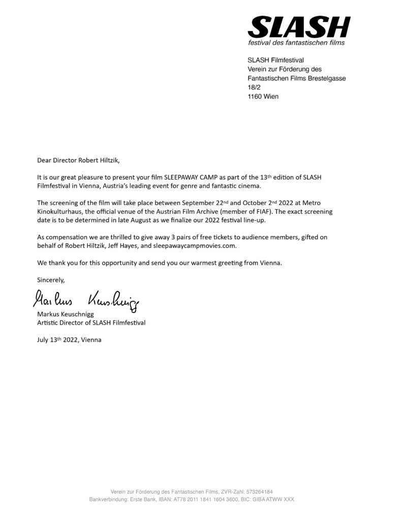 SLASH Filmfestival letter about screening Sleepaway Camp in Vienna