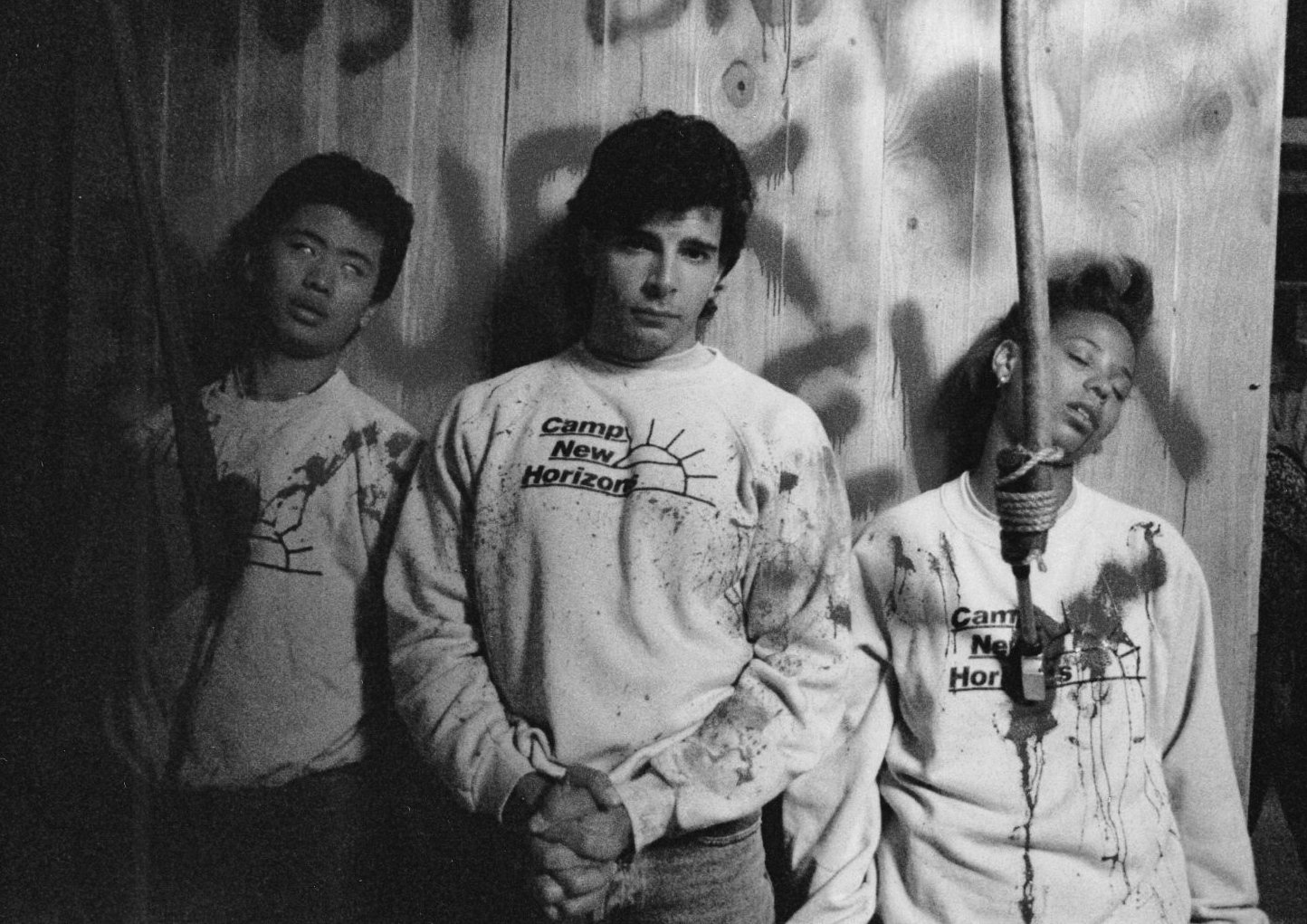 Three campers tied up in a Sleepaway Camp III production still